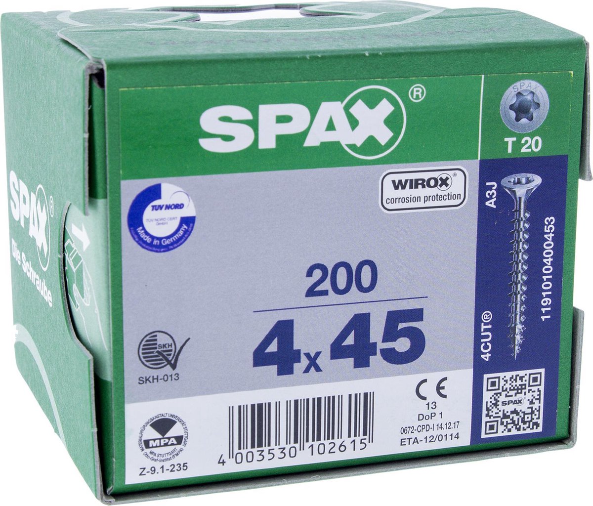 SPAX 1191010400453 Universele schroef, Verzonken kop, 4 x 45, Voldraad, T-STAR plus T20 - WIROX - 200 stuks