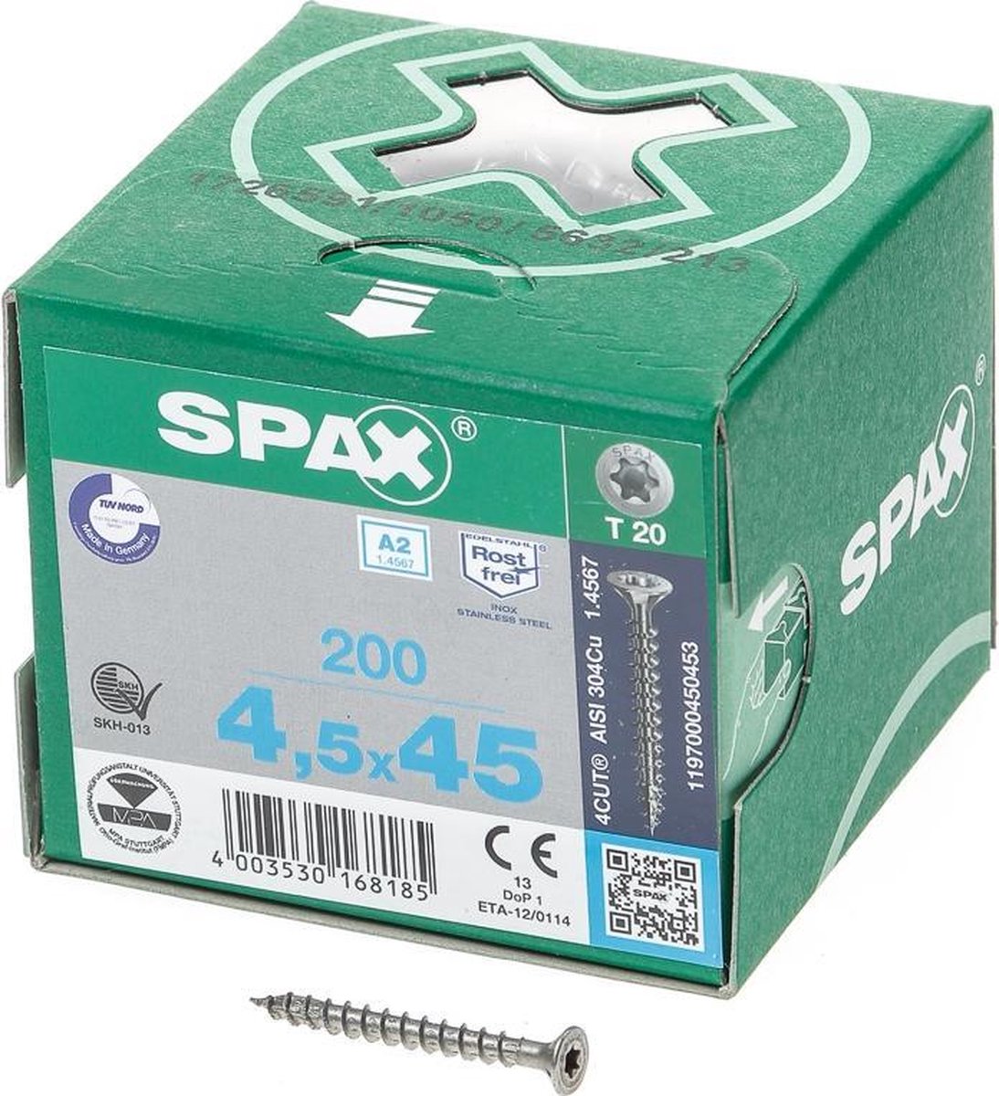 SPAX 1197000450453 Roestvaststalen schroef, Verzonken kop, 4.5 x 45, Voldraad, T-STAR plus T20 - blank - 200 stuks