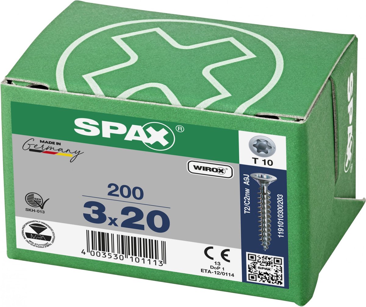 SPAX -S 1191010300203 Universele schroef, Verzonken kop, 3 x 20, Voldraad, T-STAR plus T10, S-punt - WIROX - 200 stuks