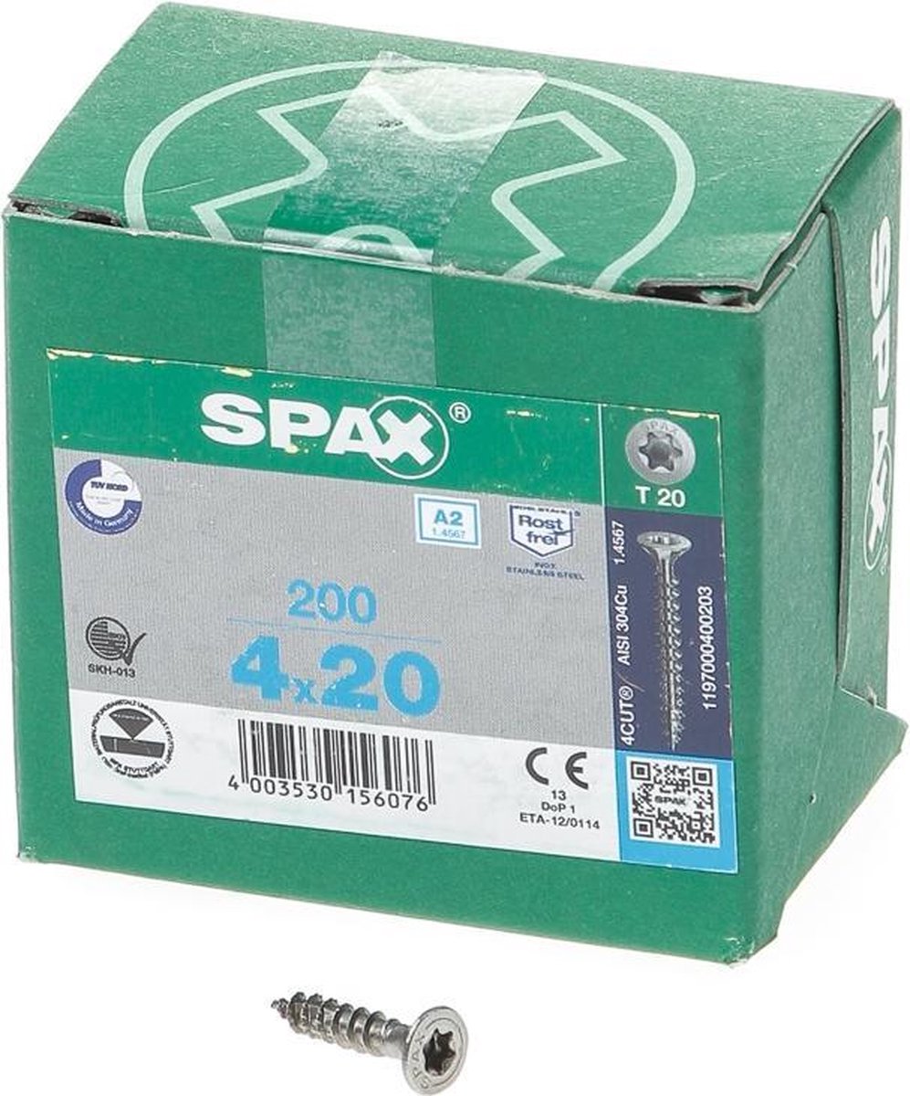 SPAX 1197000400203 Roestvaststalen schroef, Verzonken kop, 4 x 20, Voldraad, T-STAR plus T20 - blank - 200 stuks