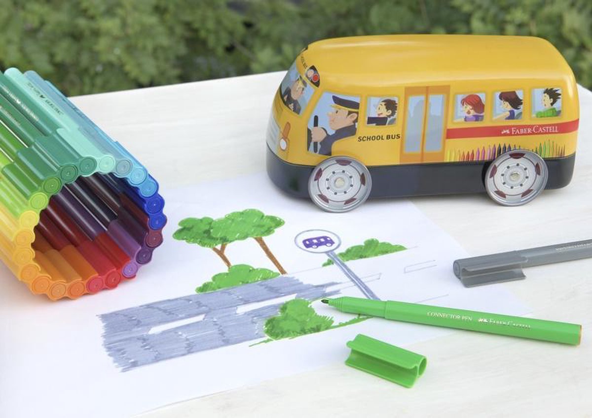 Faber Castell viltstiften Faber-Castell Connector 33 stuks met 10 clips in 'bus'