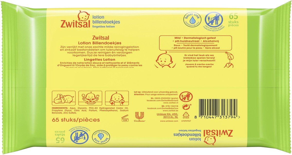 Zwitsal Lotion Billendoekjes 2x65st