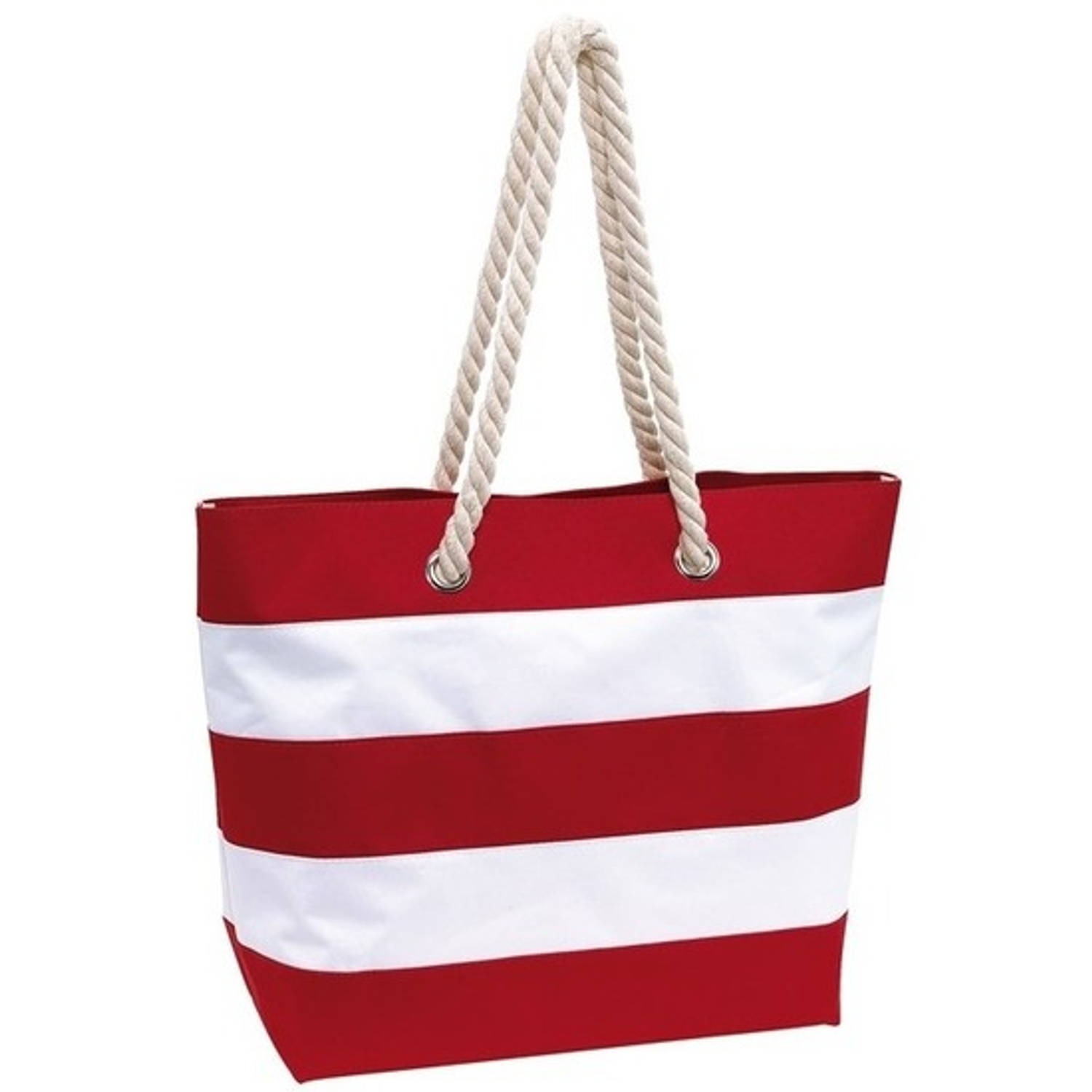 Strandtas Gestreept/wit 47 Cm - Strandartikelen Beach Bags/shoppers Met Klittenbandsluiting - Rood