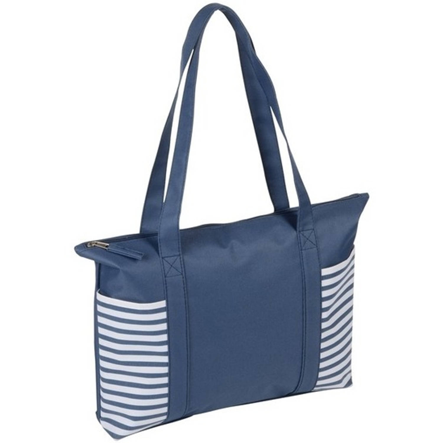 Strandtas/wit Met Streepmotief 44 Cm - Strandartikelen Beach Bags/shoppers Met Ritssluiting - Blauw