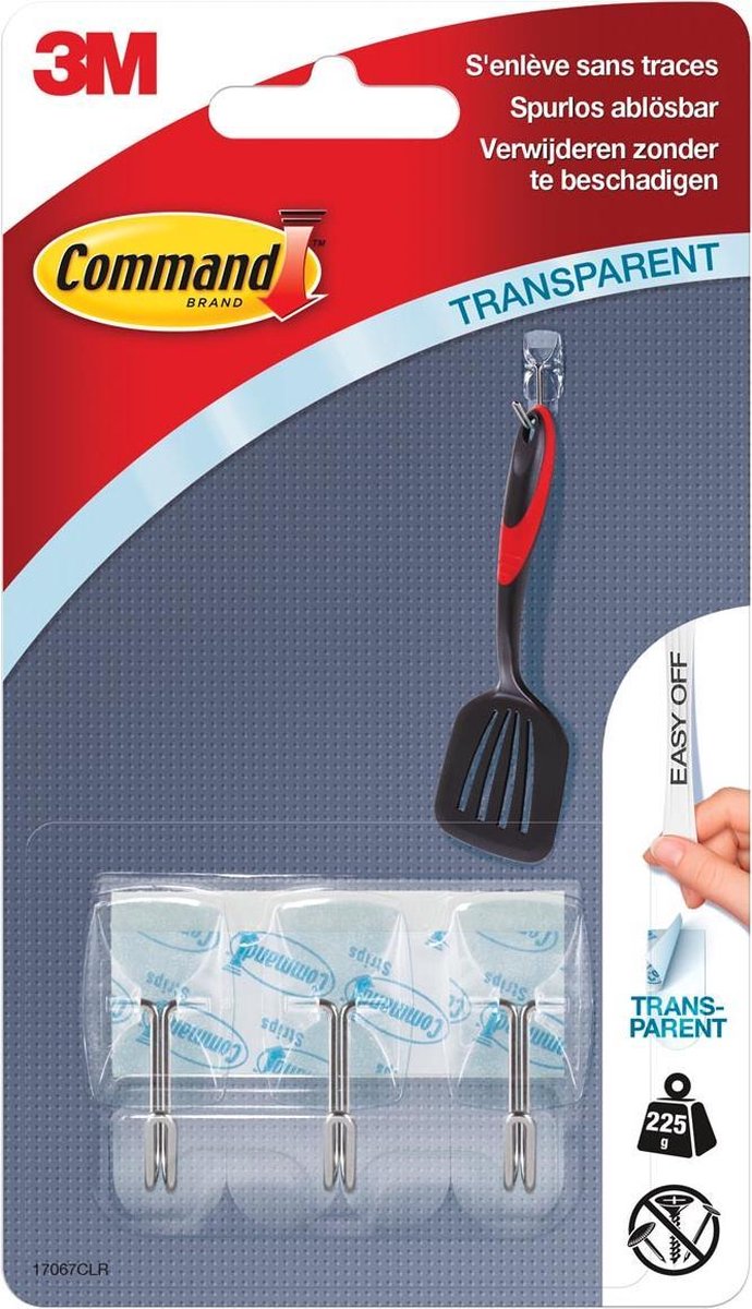 Command Decohaak, Small, Draagvermogen 225 Gram, Transparant Met Metalen Draadeinde, Blister Van 3 Stuks