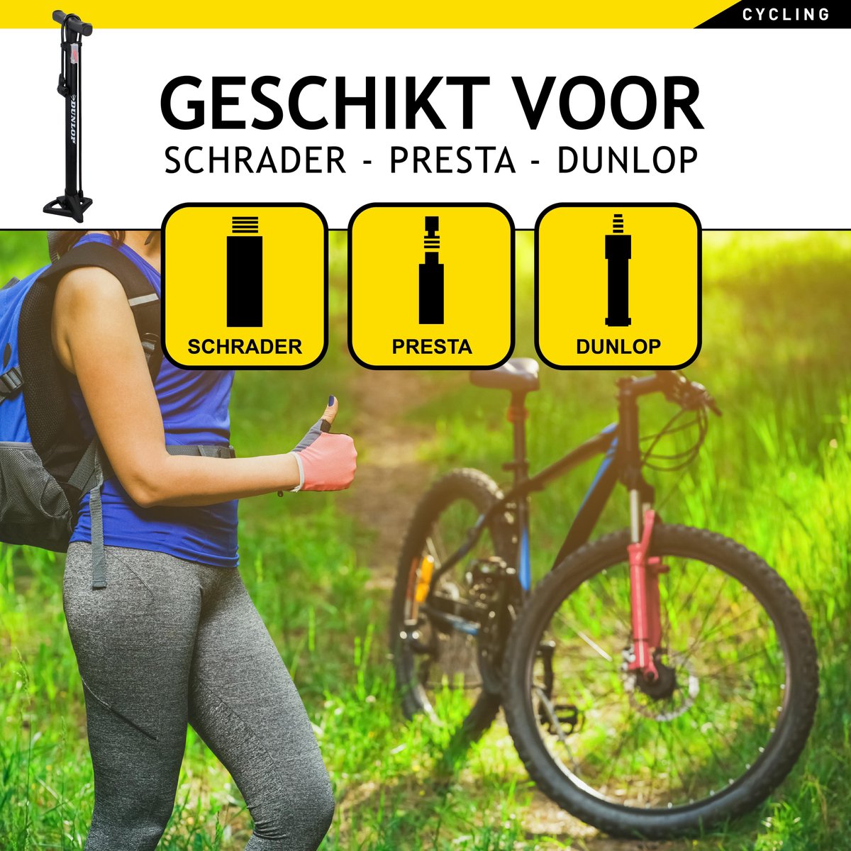 Dunlop Fietspomp - 63 Cm Hoog - 2 Ventielen - Sta-pomp - Zwart