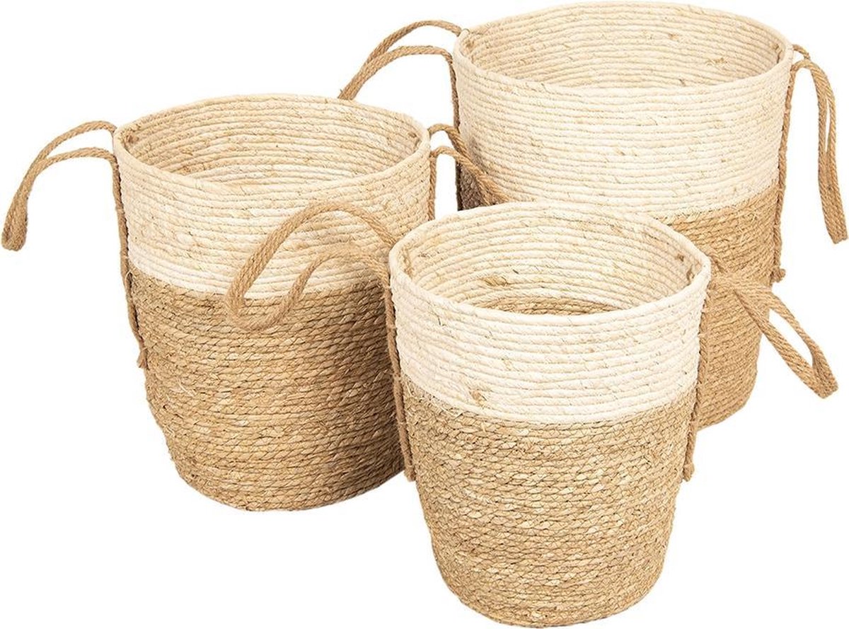 Clayre & Eef Mand (Set Van 3) - ( Set 3 ) Ø 40*46 / Ø 35*41 / Ø 30*36 Cm - Creme - Zeegras - Rond - - 6ro0443 - Beige