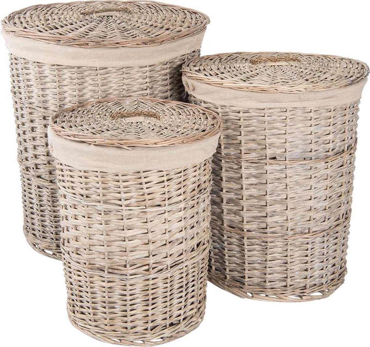 Clayre & Eef - Mand (3) Ø 47*56 Cm / Ø 38*49 Cm / Ø 31*43 Cm Rotan - Rond - 6ro0385 - Grijs