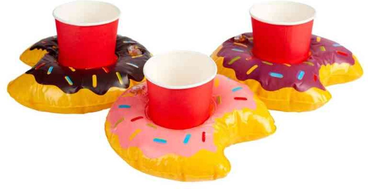 3x Opblaasbare Drankhouders Donut 20 Cm - Opblaasbare Blikjeshouders