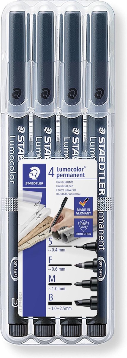 Staedtler Ohp-marker Lumocolor Permanent Set Van 4 Stuks In Kleur Zwart: 1 X Superfijn, 1 X Fijn, 1 X ... - Wit