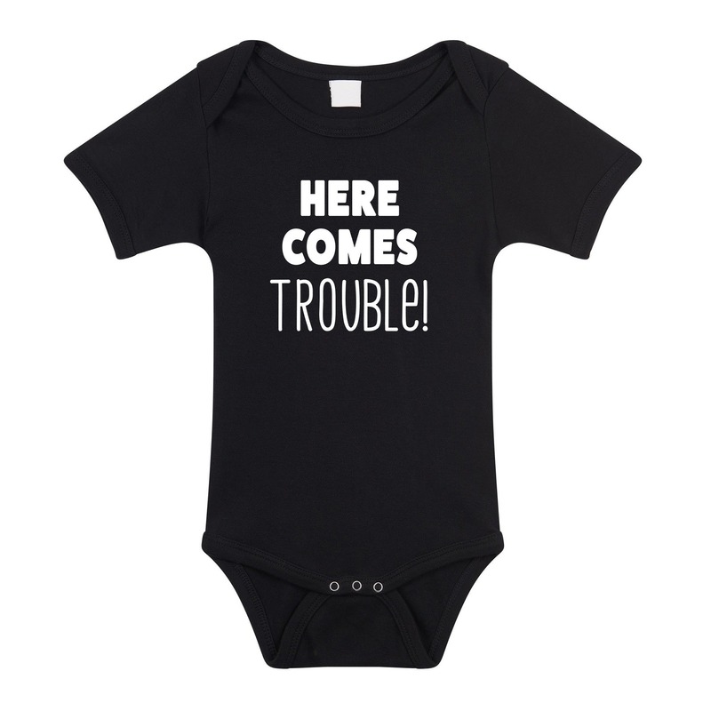 Bellatio Decorations Here comes trouble tekst baby rompertje meisjes en jongens - Kraamcadeau - Babykleding - Zwart