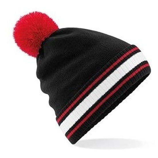 Beechfield /rood met witte beanie muts met pompon voor heren - Zwart