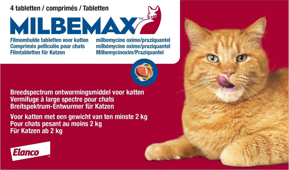 Milbemax Tabletten Kat Groot 4 tabl. groter dan 2kg - Rood