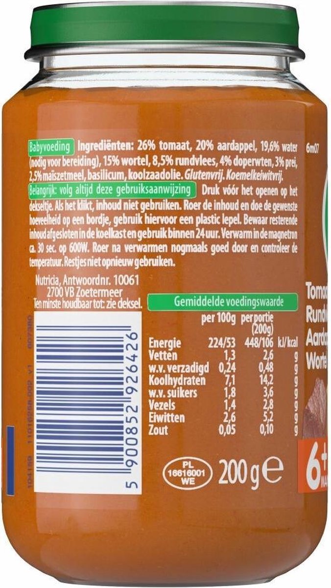 Olvarit 6m07 Tomaat Rundvlees Aardappel Wortel 200gram