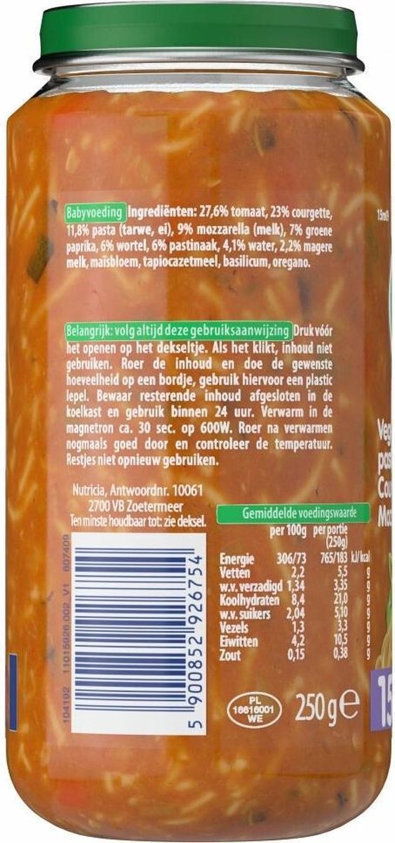 Olvarit 15m Vegetarische Pasta Courgette Mozzarella 250gram