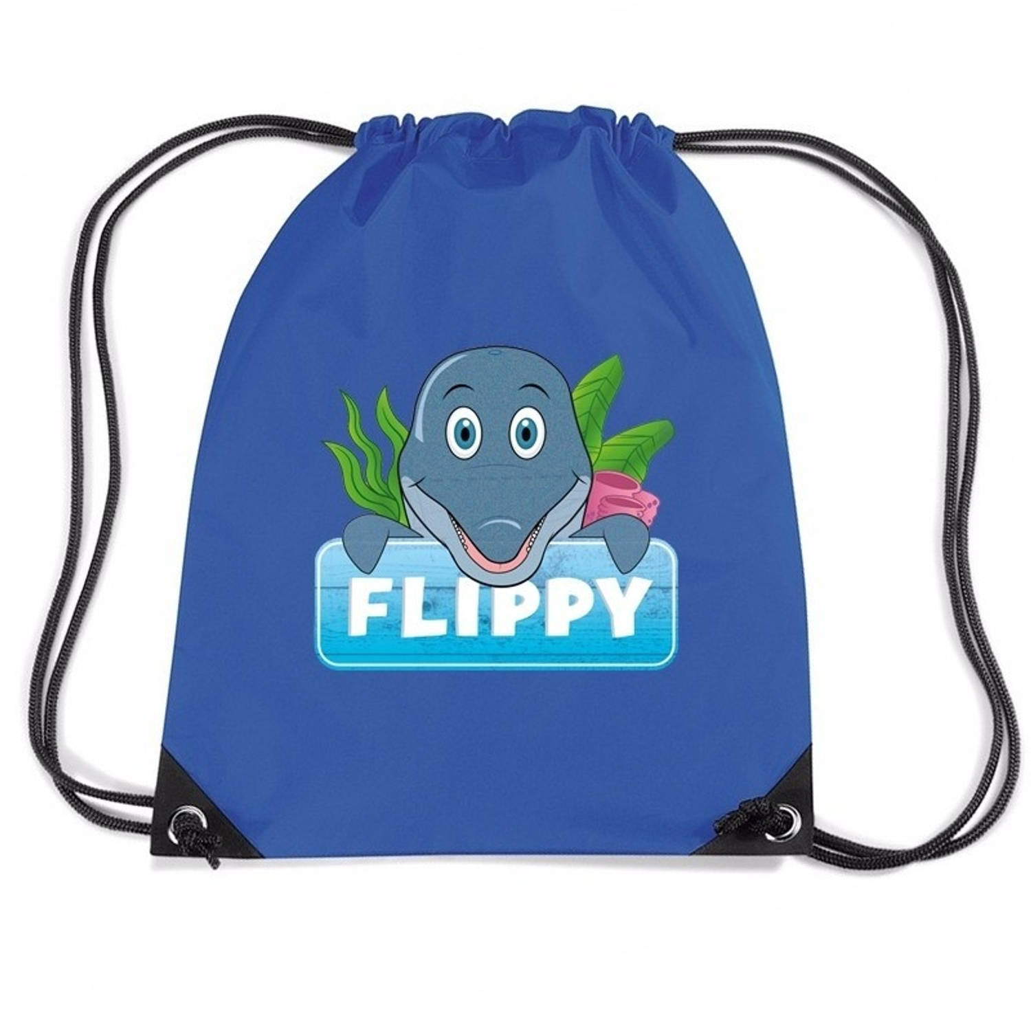 Bellatio Decorations Flippy De Dolfijn Rijgkoord Rugtas / Gymtas 11 Liter - Voor Kinderen - Blauw