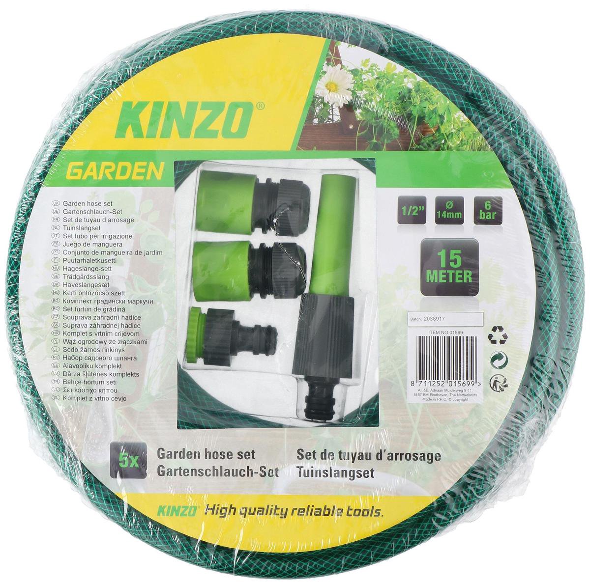 Kinzo Garden Tuinslang - 15m - Diameter 1,4cm - 3 Lagen - Incl. Sproeistuk En 3 Koppelstukken - Groen