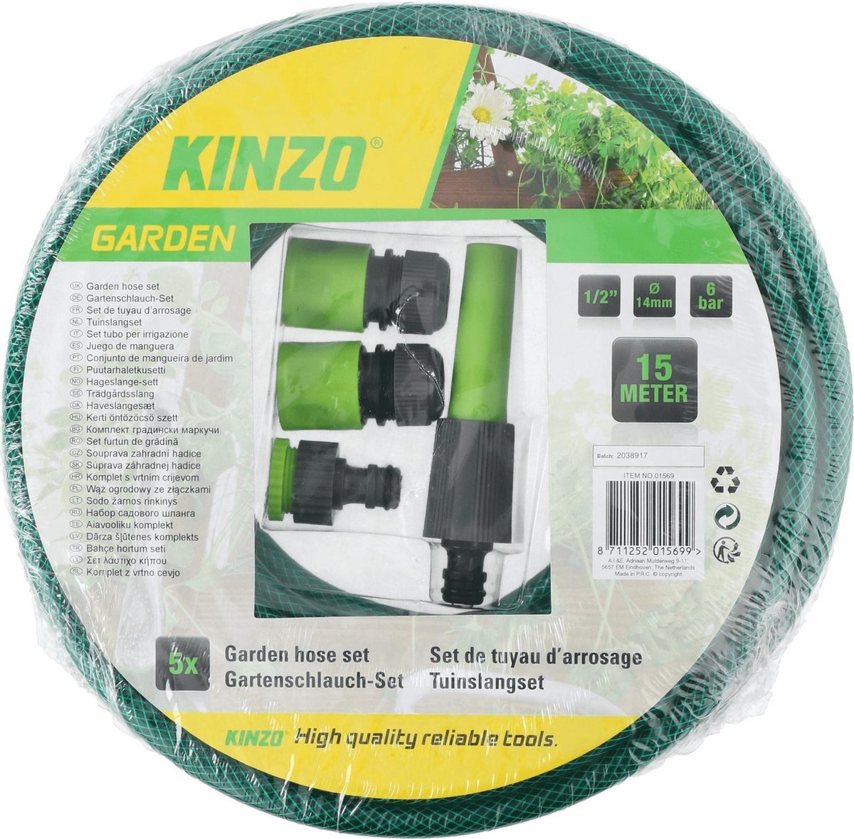 Kinzo Garden Tuinslang - 15m - Diameter 1,4cm - 3 Lagen - Incl. Sproeistuk En 3 Koppelstukken - Groen