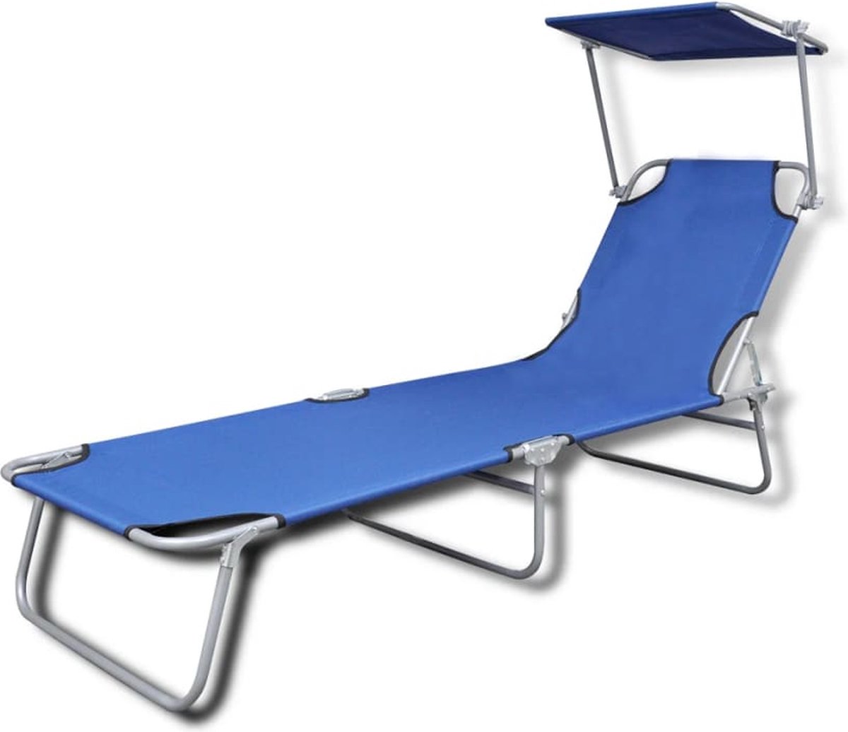 Vidaxl Ligbed Inklapbaar Met Luifel Staal En Stof - Blauw
