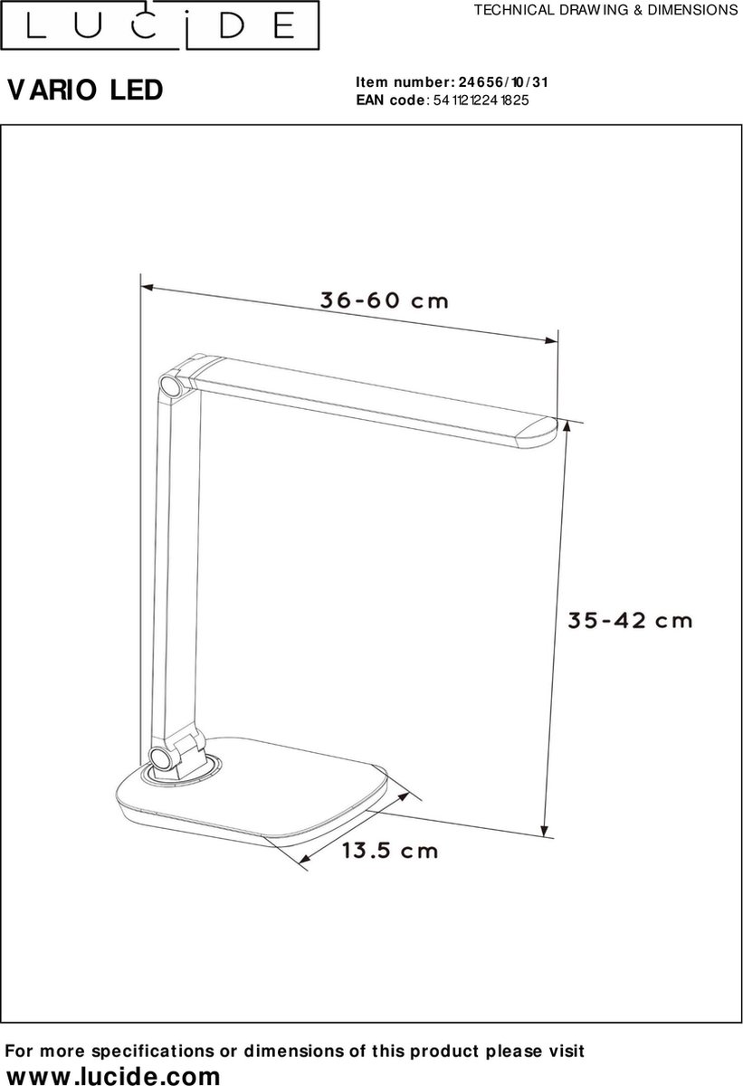 Lucide Vario Led - Bureaulamp - Led Dimb. - 1x8w 2700k - - Wit