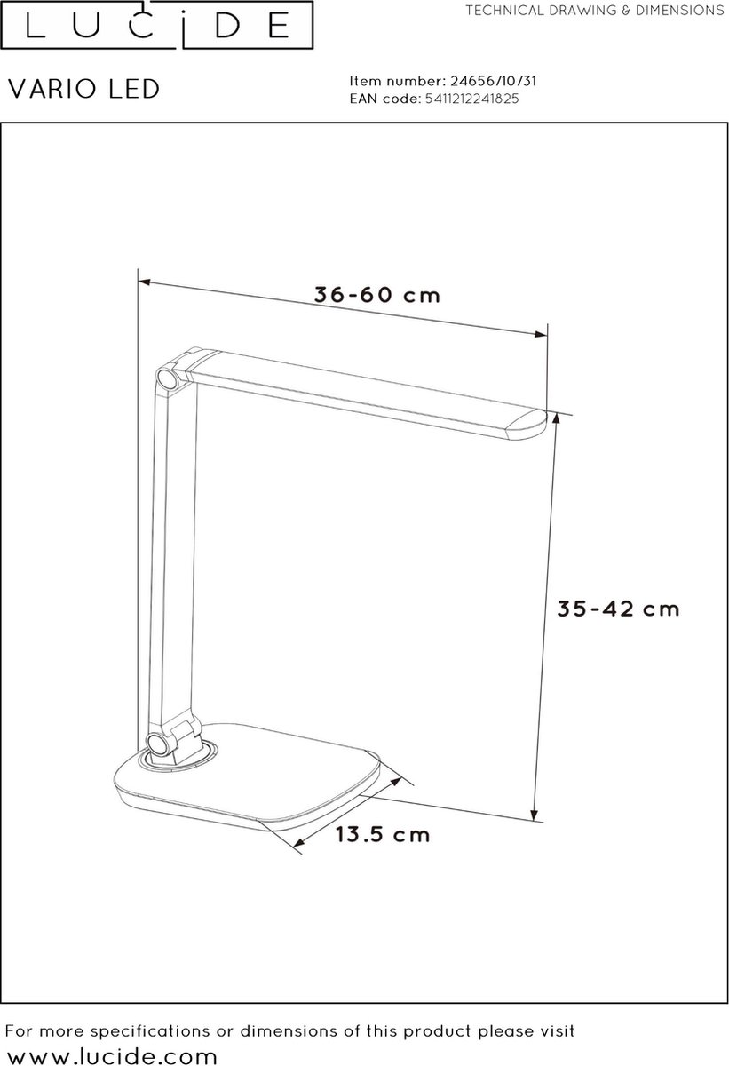 Lucide Vario Led - Bureaulamp - Led Dimb. - 1x8w 2700k - - Wit