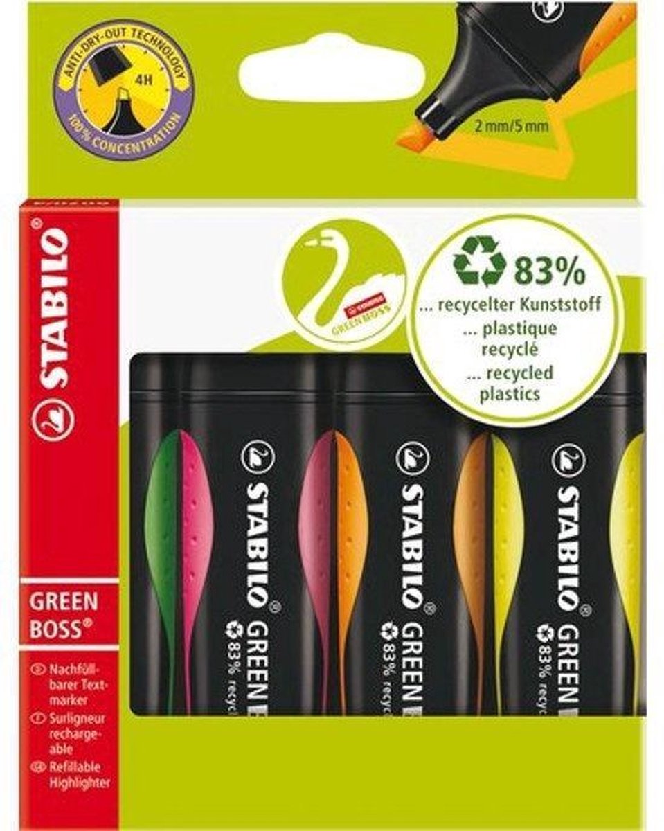 Stabilo Markeerstift Green Boss, Blister Van 4 Stuks: Groen, Roze, Oranje En - Geel