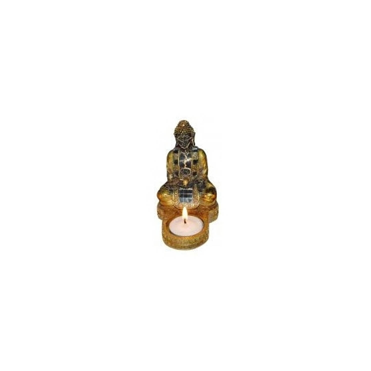 Indische Boeddha Theelichthouder/zwart 12 Cm - Goud