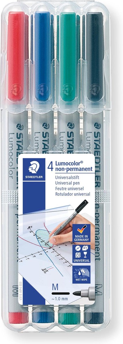 Staedtler Ohp-marker Lumocolor Non-permanent Geassorteerde Kleuren, Box Met 4 Stuks, Medium 1 Mm