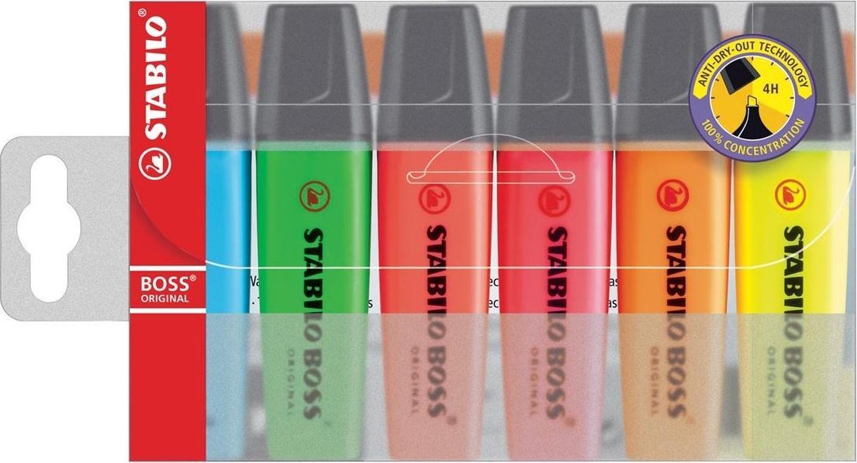 Stabilo Markeerstift Boss Original Plastic Etui Van 6 Stuks: Geel, Groen, Oranje, Roze, Blauw En - Rood