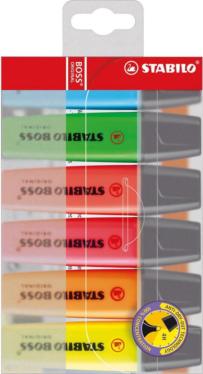 Stabilo Markeerstift Boss Original Plastic Etui Van 6 Stuks: Geel, Groen, Oranje, Roze, Blauw En - Rood