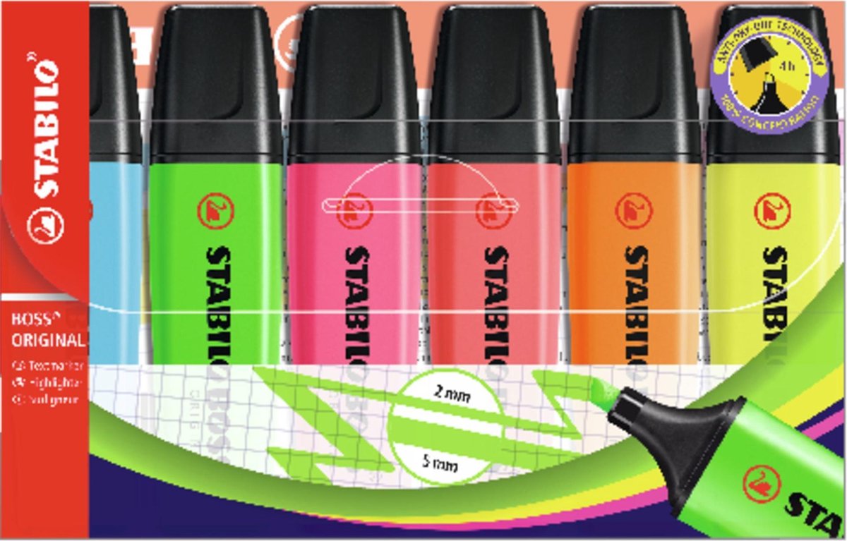 Stabilo Markeerstift Boss Original Plastic Etui Van 6 Stuks: Geel, Groen, Oranje, Roze, Blauw En - Rood