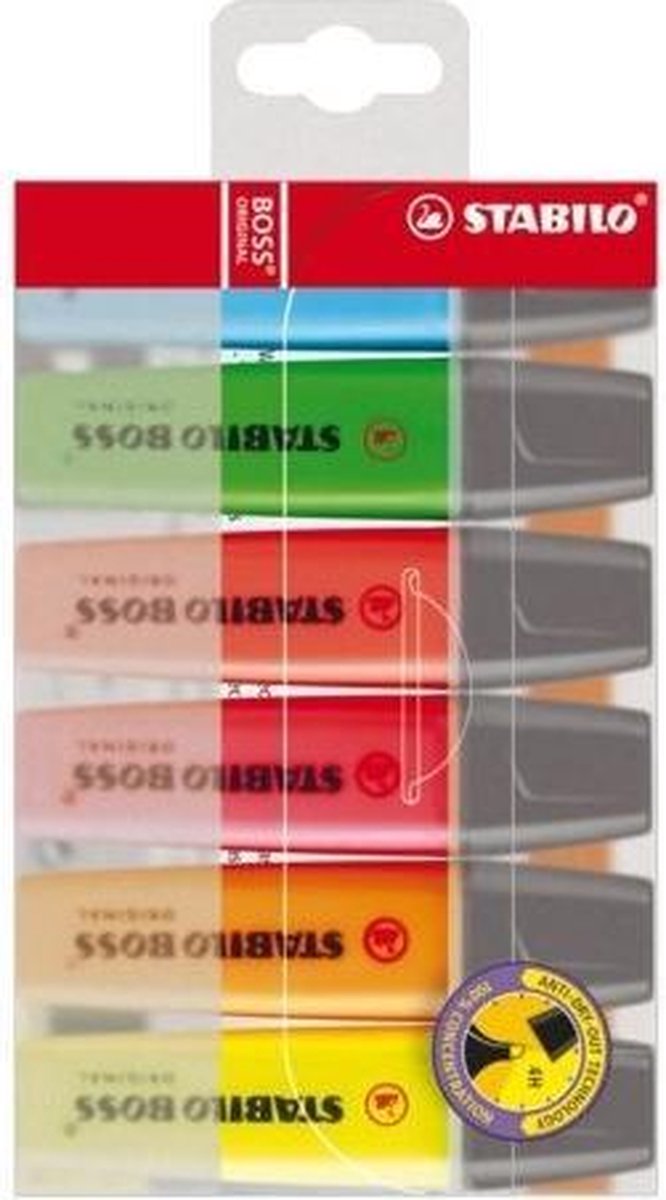 Stabilo Markeerstift Boss Original Plastic Etui Van 6 Stuks: Geel, Groen, Oranje, Roze, Blauw En - Rood