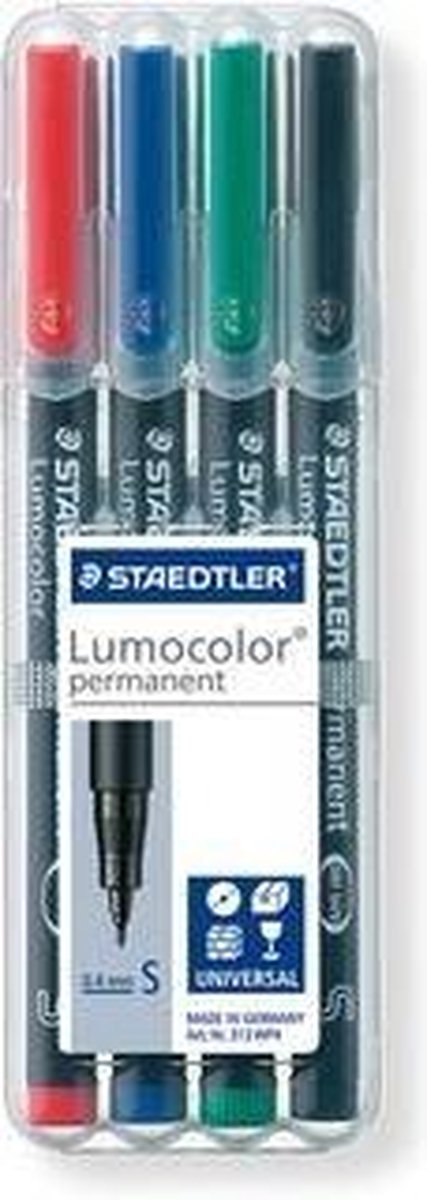 Staedtler Ohp-marker Lumocolor Permanent Geassorteerde Kleuren, Box Met 4 Stuks, Superfijn 0,4 Mm