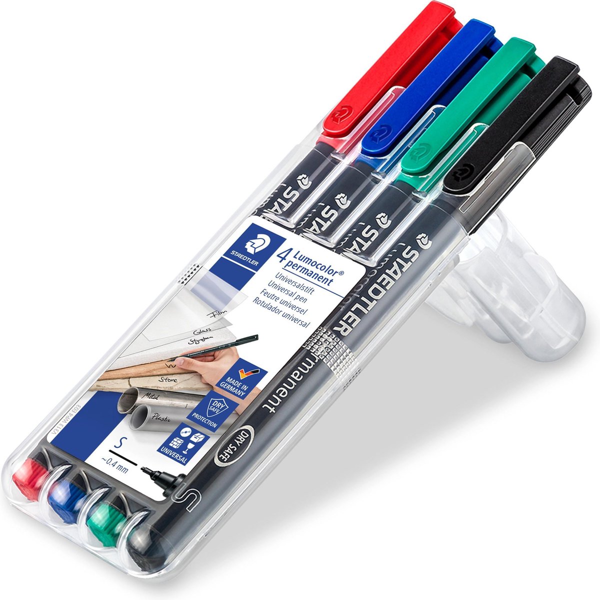Staedtler Ohp-marker Lumocolor Permanent Geassorteerde Kleuren, Box Met 4 Stuks, Superfijn 0,4 Mm