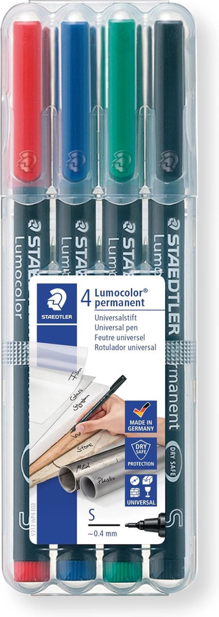 Staedtler Ohp-marker Lumocolor Permanent Geassorteerde Kleuren, Box Met 4 Stuks, Superfijn 0,4 Mm