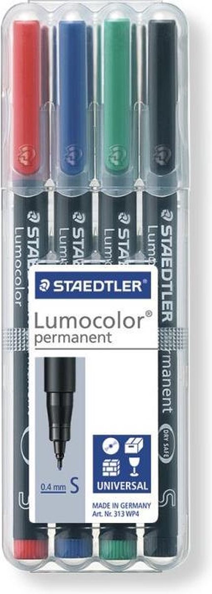 Staedtler Ohp-marker Lumocolor Permanent Geassorteerde Kleuren, Box Met 4 Stuks, Superfijn 0,4 Mm