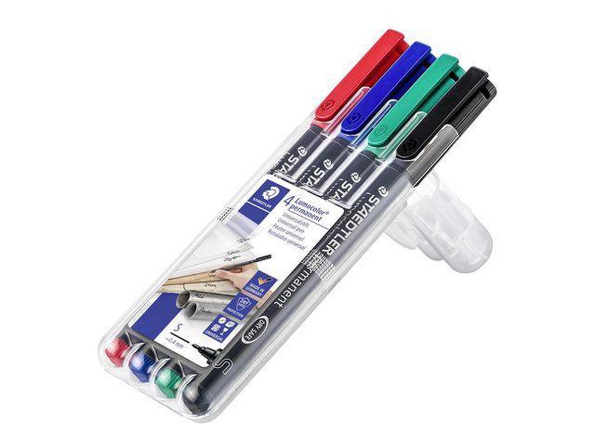 Staedtler Ohp-marker Lumocolor Permanent Geassorteerde Kleuren, Box Met 4 Stuks, Superfijn 0,4 Mm