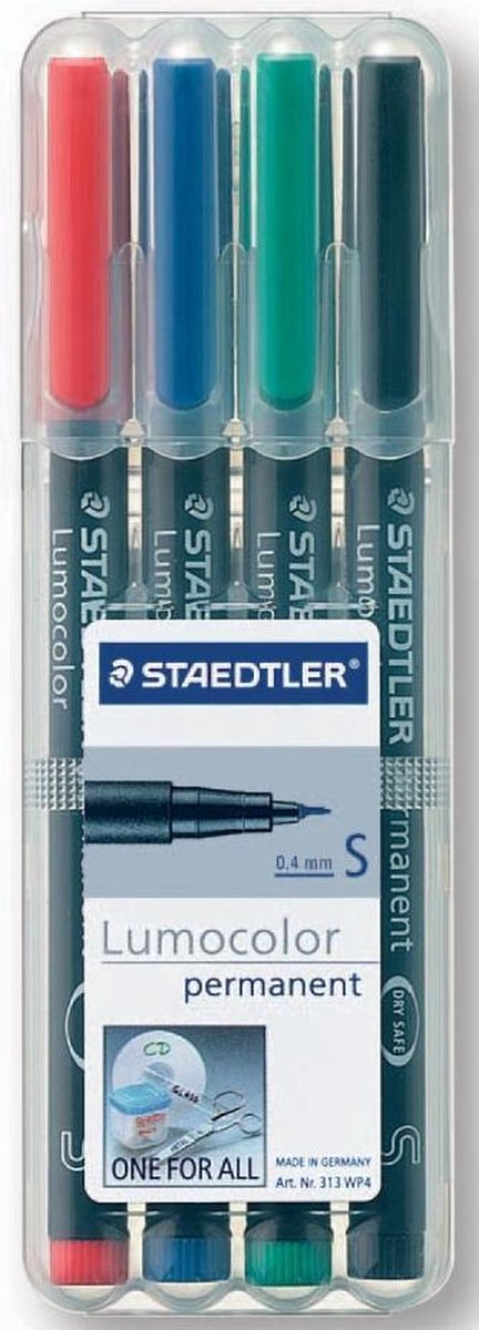 Staedtler Ohp-marker Lumocolor Permanent Geassorteerde Kleuren, Box Met 4 Stuks, Superfijn 0,4 Mm