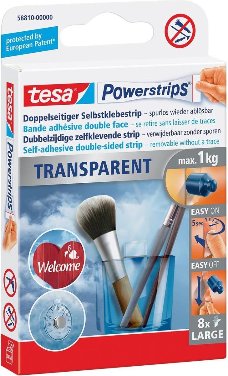 Tesa Powerstrips Transparent, Draagkracht 1 Kg, Transparant, Blister Van 8 Stuks - Wit