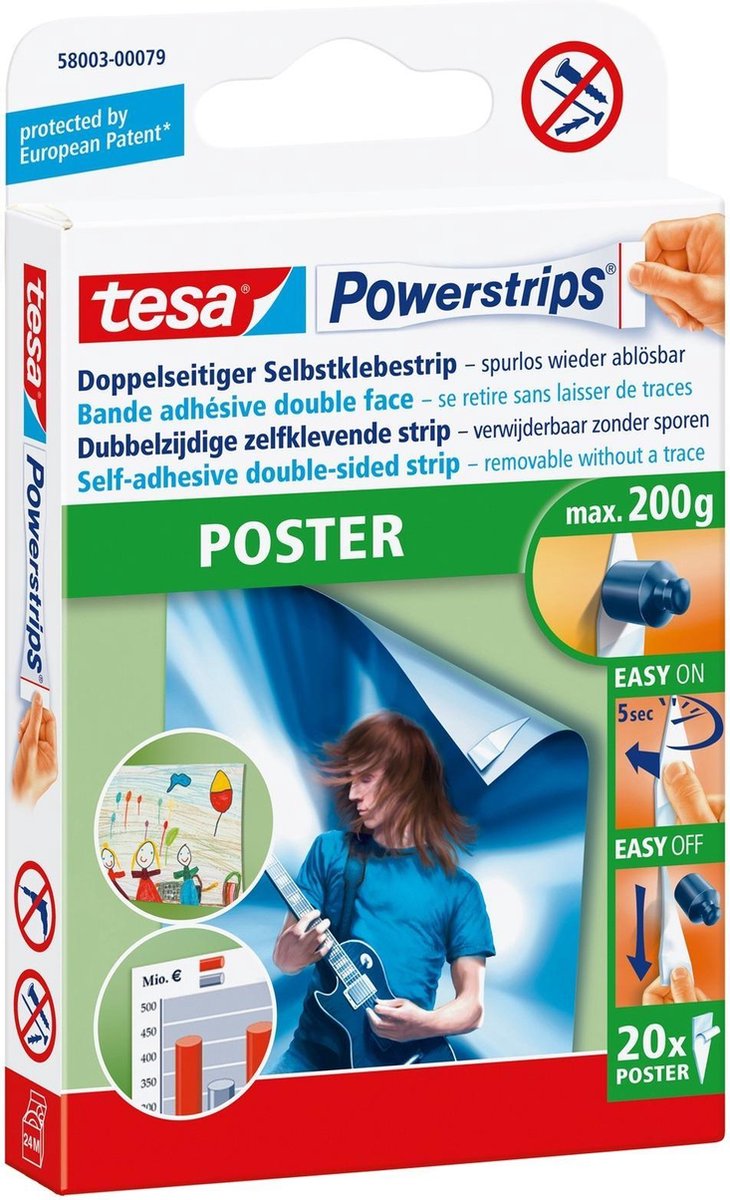 Tesa Powerstrips Poster, Draagkracht 200 G, Blister Van 20 Stuks - Wit