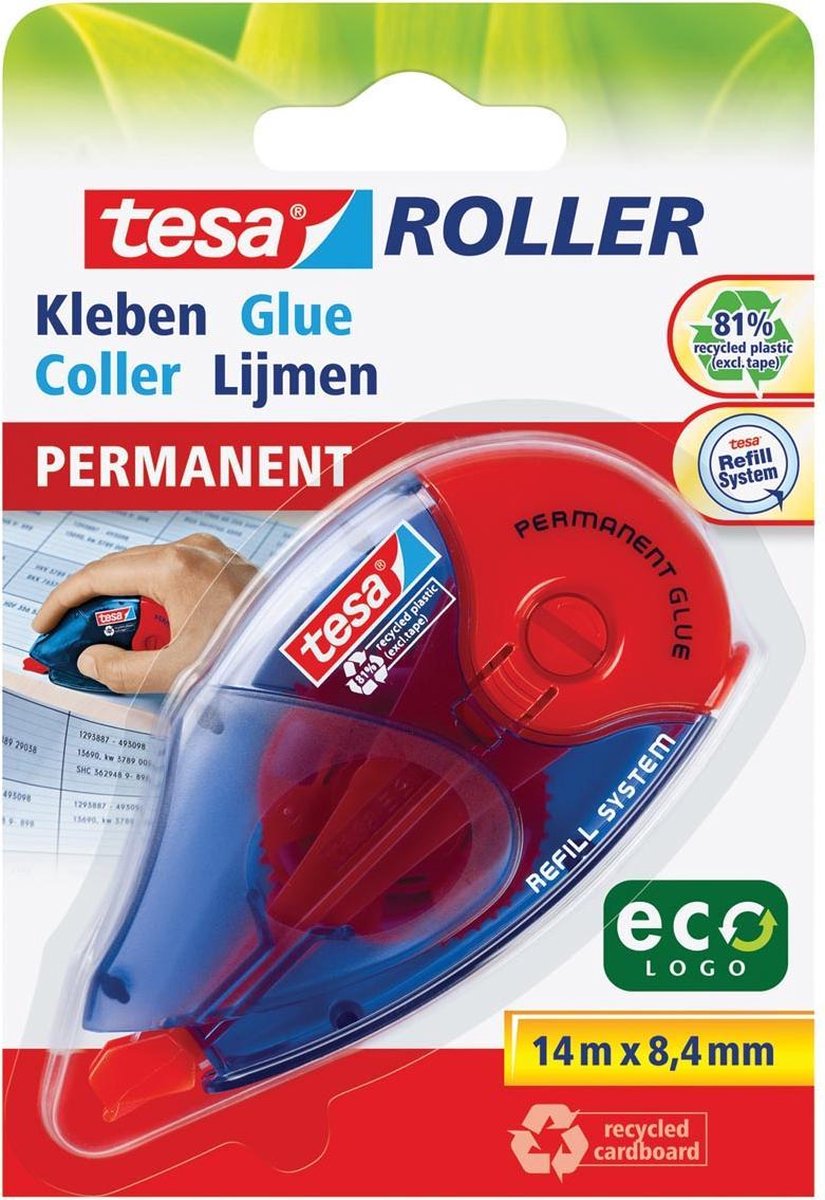 Tesa Roller Navulbare Lijmroller Permanent Ecologo, Ft 8,4 Mm X 14 M, Op Blister