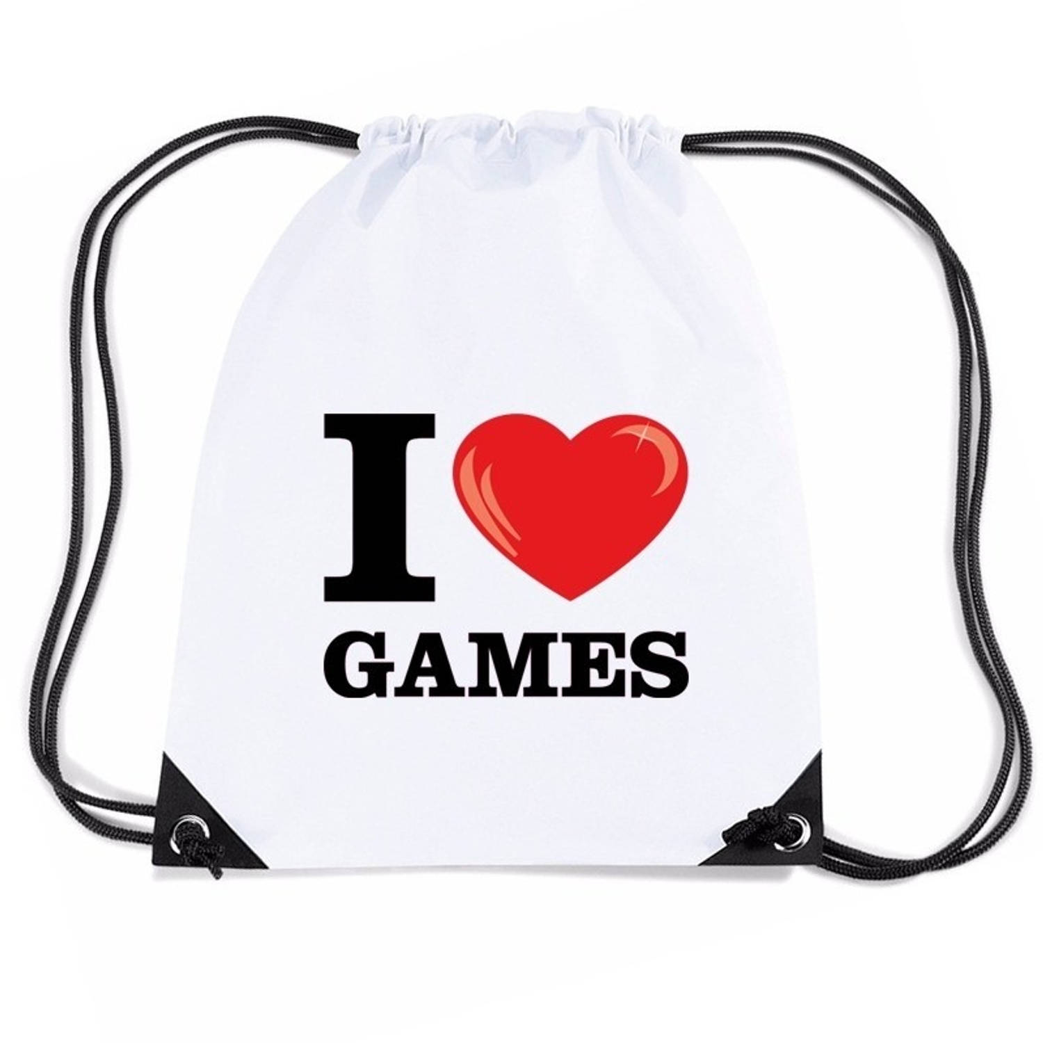 Bellatio Decorations Nylon I Love Games Rugzak/ Sporttas Met Rijgkoord - Wit