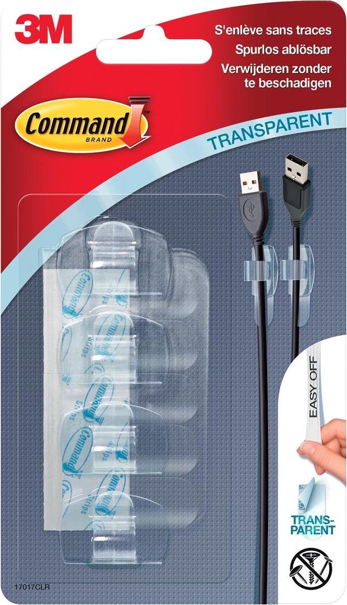 3M™ Command Kabelclip, Small, Draagvermogen 225 Gram, Transparant, Blister Van 4 Stuks - Wit