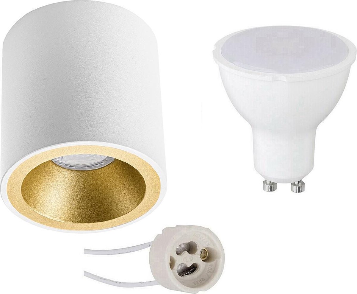 BES LED Opbouwspot Set - Pragmi Cliron Pro - Gu10 Fitting - Opbouw Rond - Mat/goud - 6w - Warm 3000k - Verdiept - Ø90mm - Wit