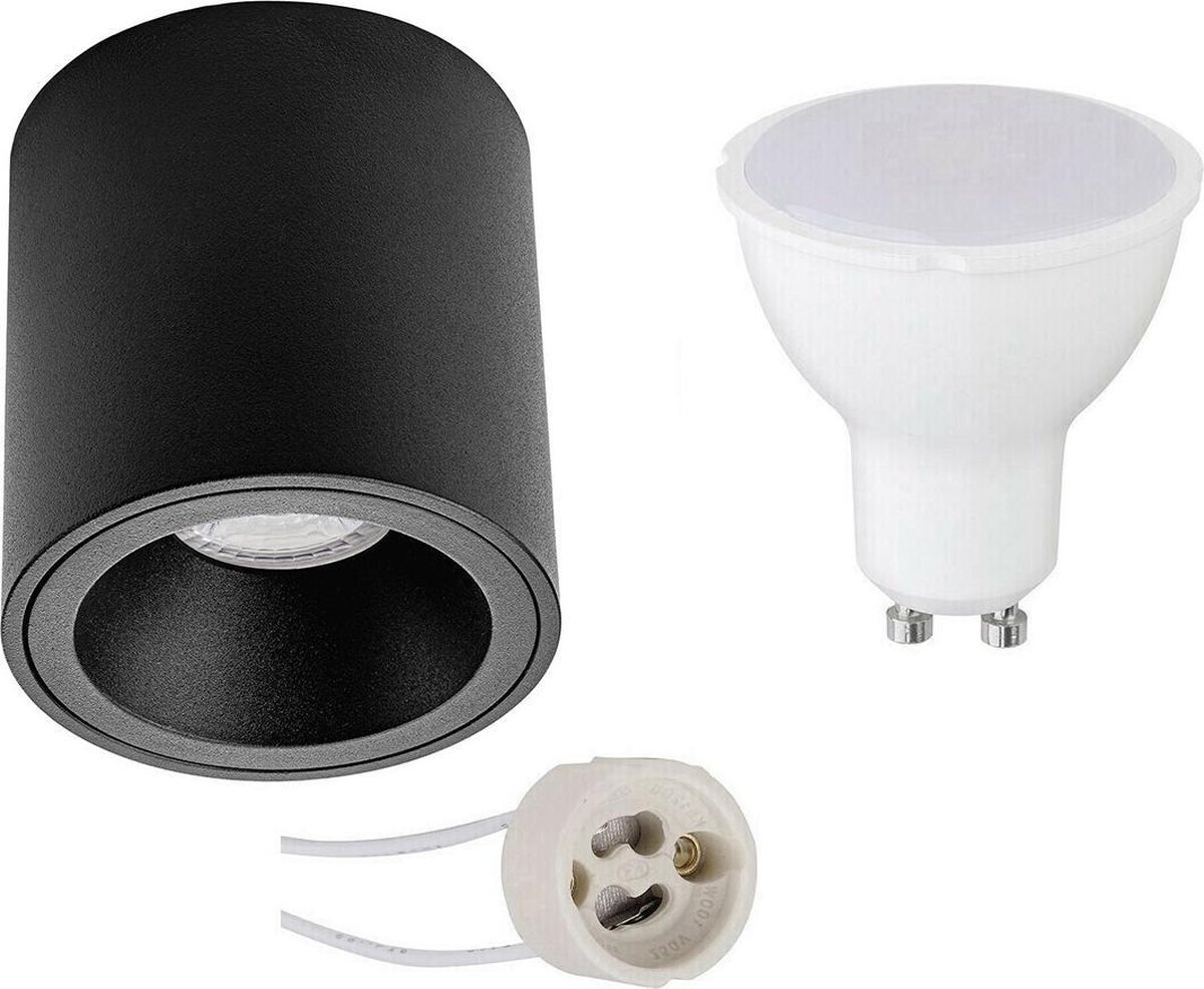 BES LED Opbouwspot Set - Pragmi Cliron Pro - Gu10 Fitting - Opbouw Rond - Mat - 6w - Warm Wit 3000k - Verdiept - Ø90mm - Zwart