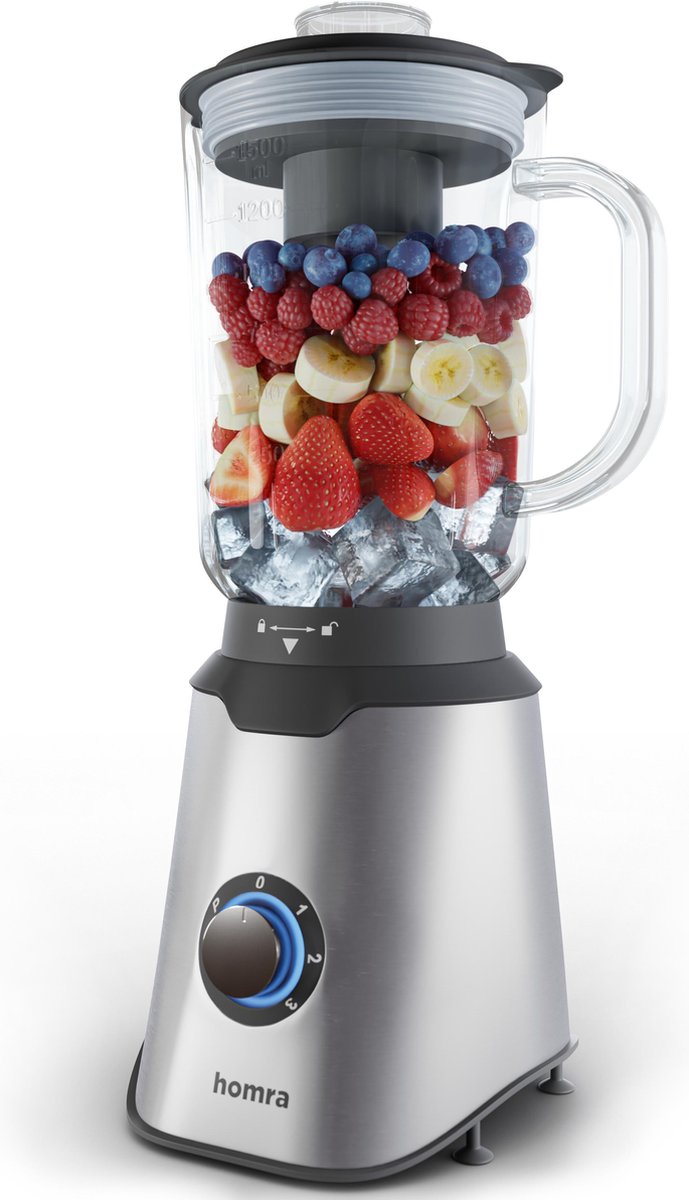 Homra Blender Met Glazen Kan - 1500 Ml - 1000 Watt - Rvs - Met Maatbeker - Bpa Vrij - 1,5 Liter - 3 Standen + Pulse