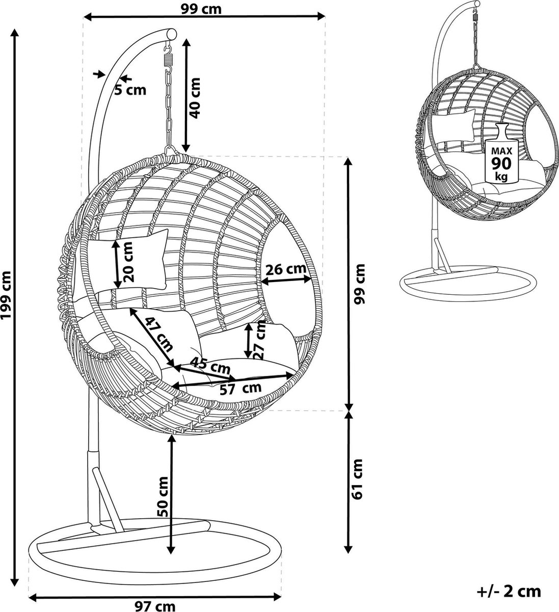 Beliani Aspio Hangstoel Pe Rotan 97 X 97 Cm - Zwart