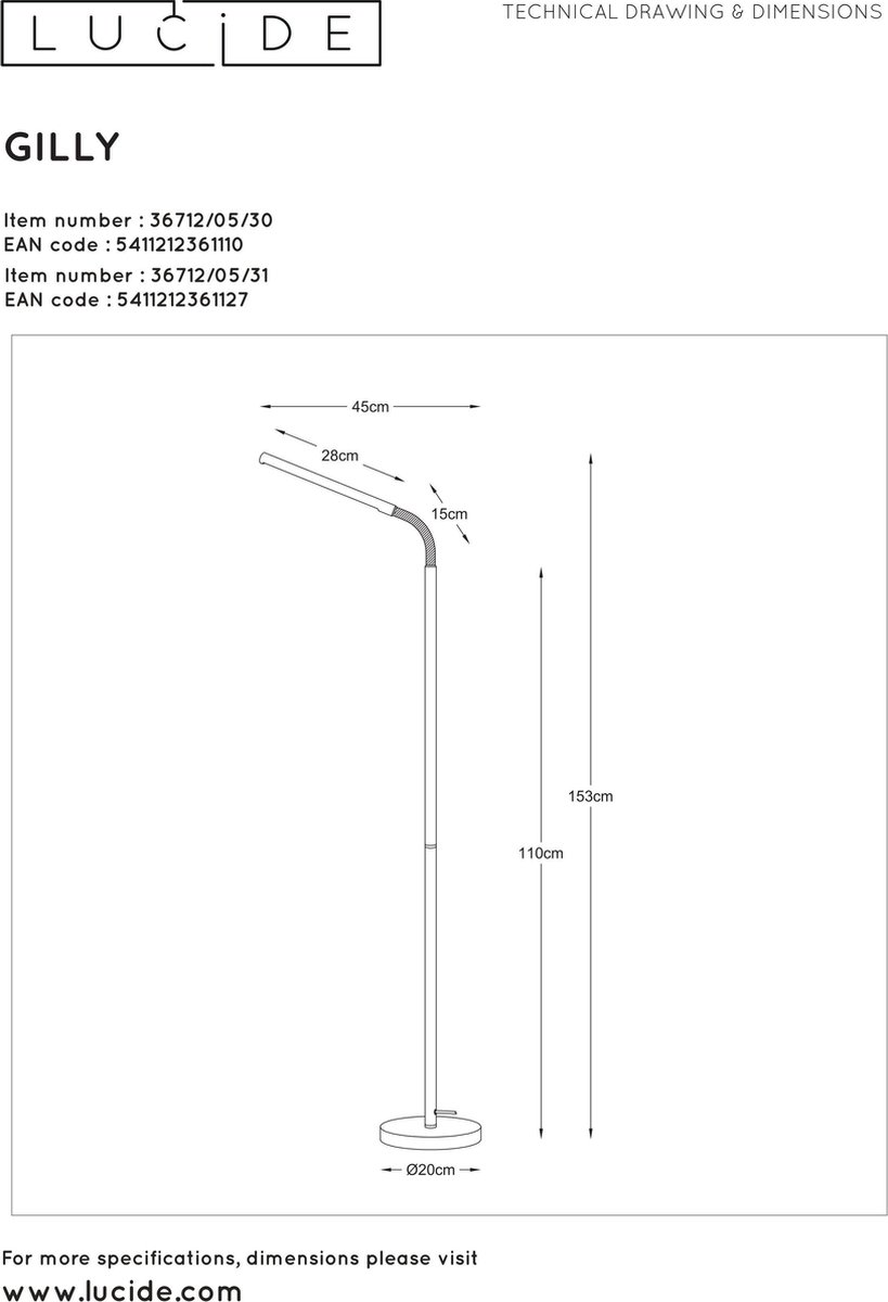 Lucide Gilly Staanlamp Led 5w H153 D20cm 2700k - Wit