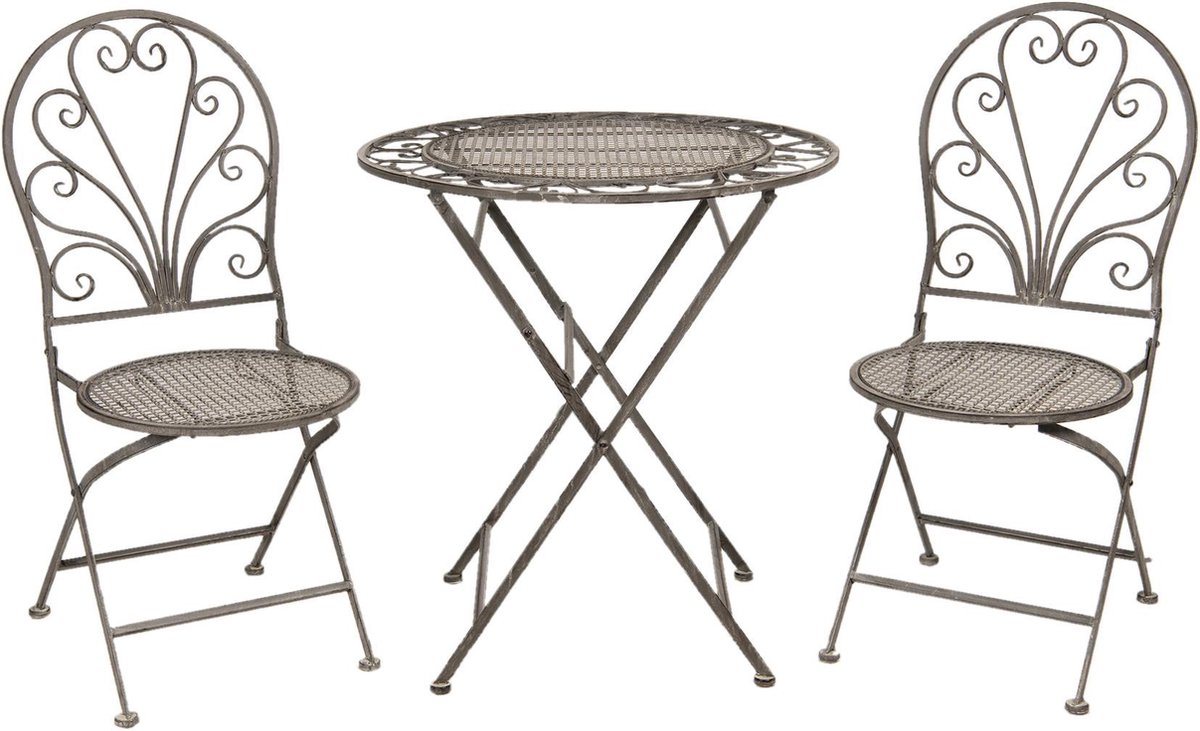 Clayre & Eef Tafel + 2 Stoelen Ø 70x76 Cm / 40x47x94 Cm (2) - Grijs