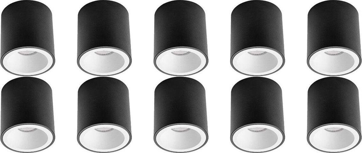 BES LED Opbouwspot 10 Pack - Pragmi Cliron Pro - Gu10 Fitting - Opbouw Rond - Mat/wit - Aluminium - Verdiept - Ø90mm - Zwart